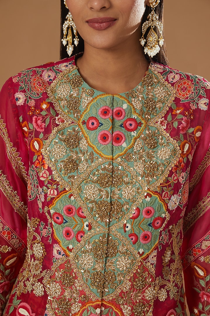 Magenta Chanderi Mulmul Jacket Set by Debyani at Pernia's Pop Up Shop