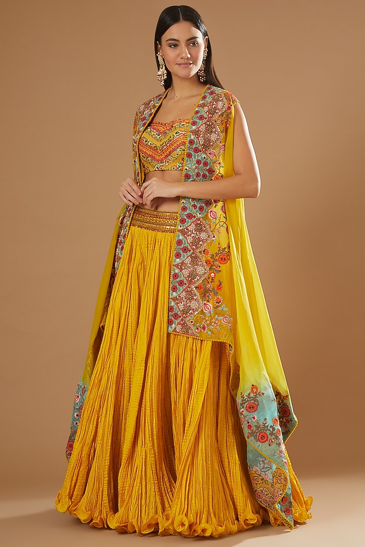 Mustard Organza Mughal Printed Cape Set by Debyani at Pernia's Pop Up Shop