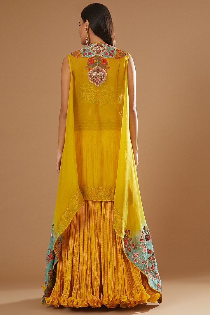 Mustard Organza Mughal Printed Cape Set by Debyani at Pernia's Pop Up Shop