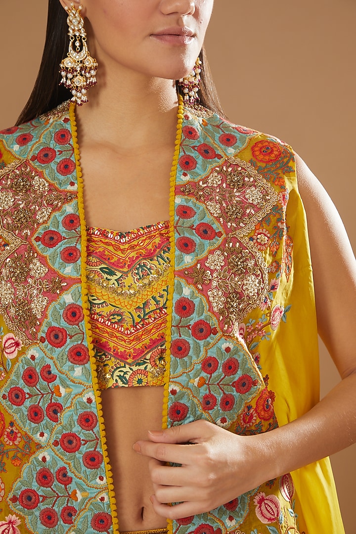 Mustard Organza Mughal Printed Cape Set by Debyani at Pernia's Pop Up Shop