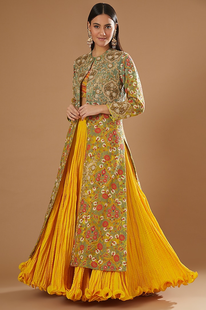 Mustard Chanderi Mulmul Jacket Set by Debyani