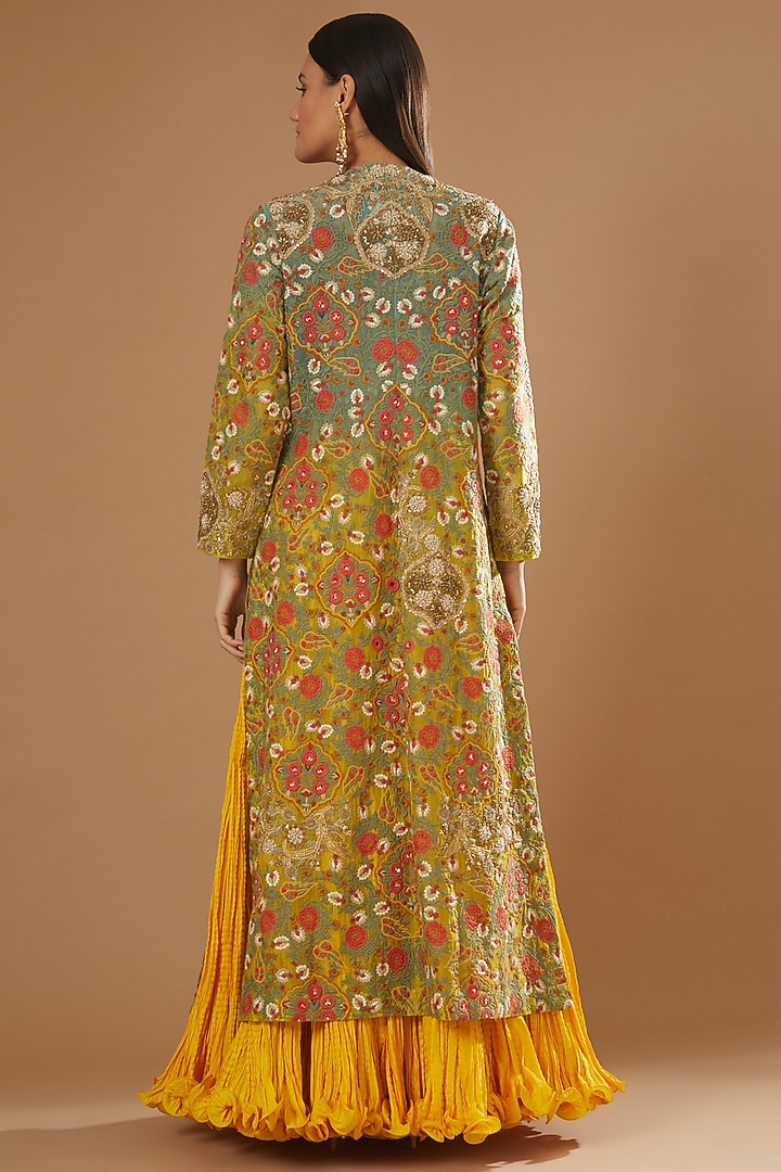 Mustard Chanderi Mulmul Jacket Set by Debyani at Pernia's Pop Up Shop