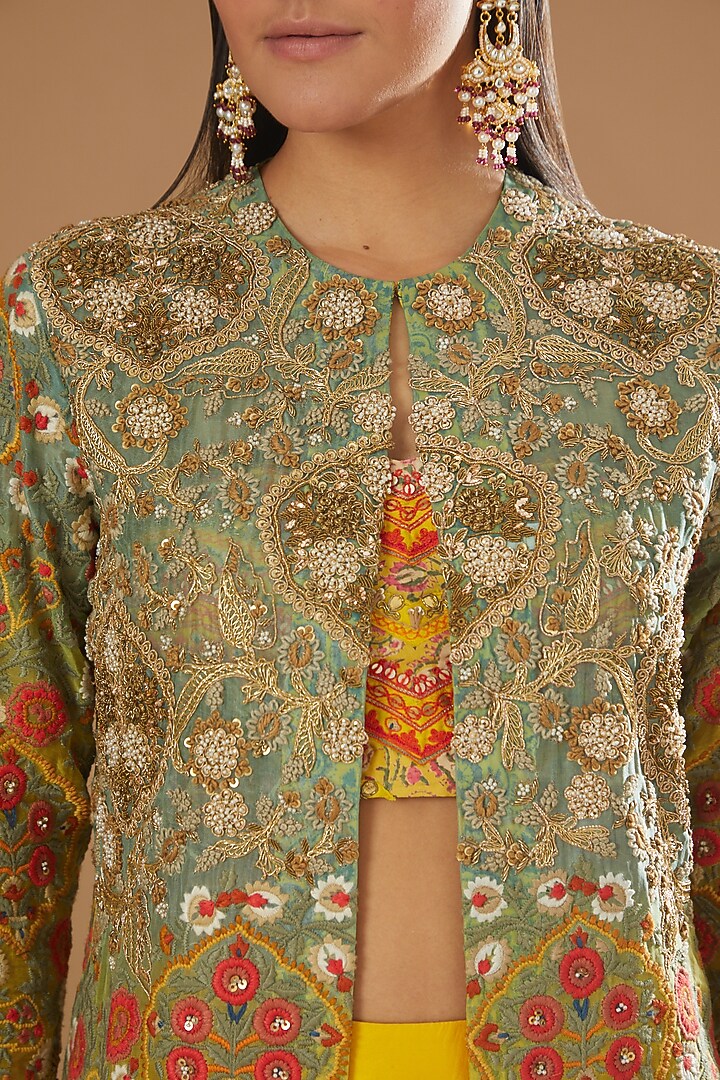 Mustard Chanderi Mulmul Jacket Set by Debyani at Pernia's Pop Up Shop