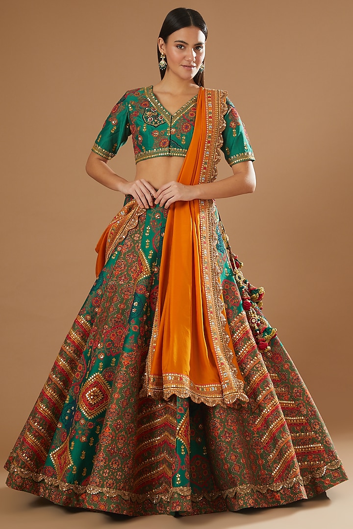 Green Printed Bridal Lehenga Set by Debyani at Pernia's Pop Up Shop