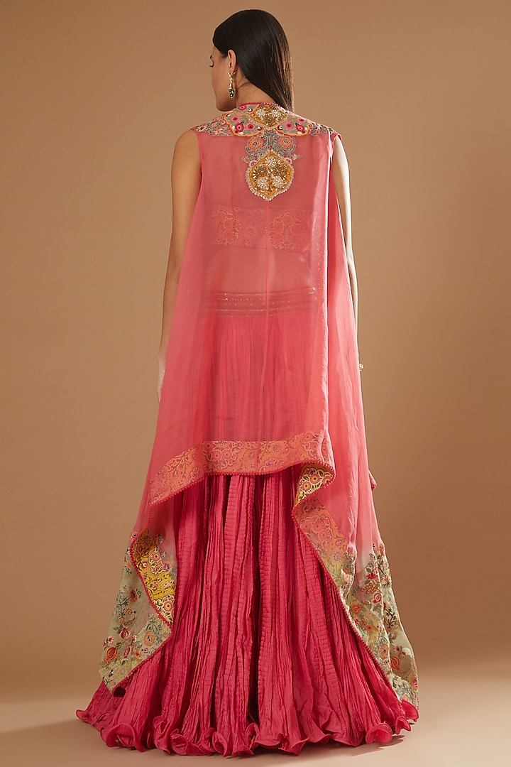 Old Rose Organza & Chanderi Mulmul Crushed Skirt Set by Debyani at Pernia's Pop Up Shop