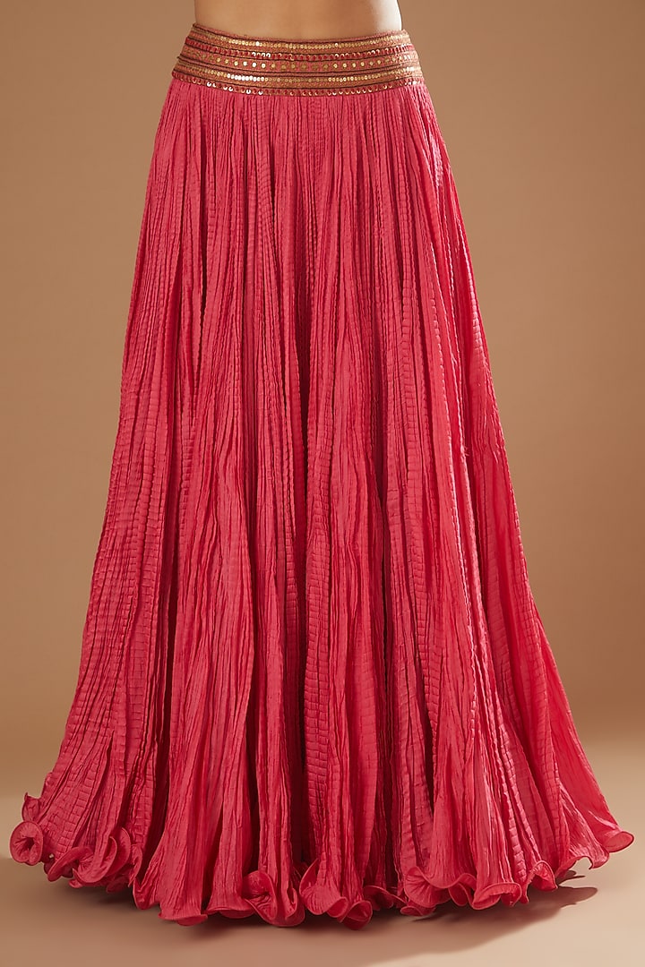 Old Rose Organza & Chanderi Mulmul Crushed Skirt Set by Debyani at Pernia's Pop Up Shop