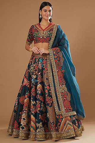 Blue Organza Lehenga Set by Debyani