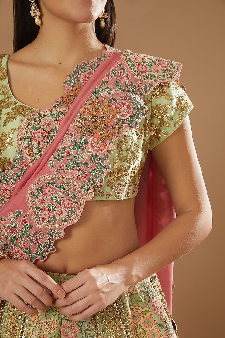 Pista Green Organza Bridal Lehenga Set by Debyani at Pernia's Pop Up Shop