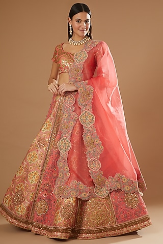 Coral Organza Lehenga Set by Debyani