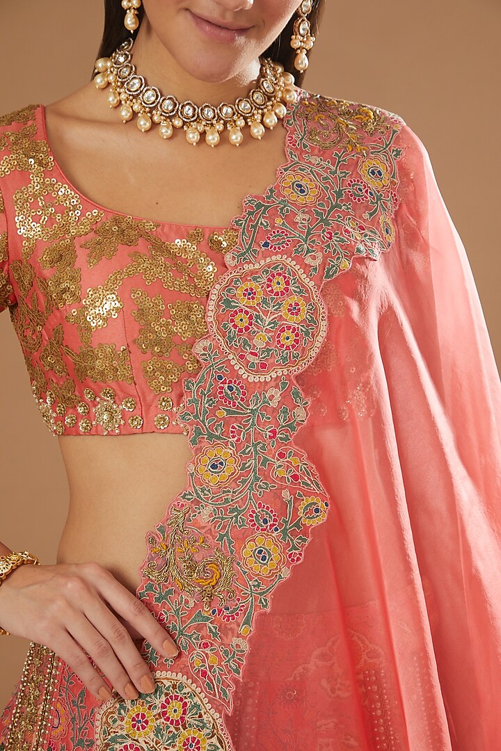 Coral Organza Bridal Lehenga Set by Debyani at Pernia's Pop Up Shop