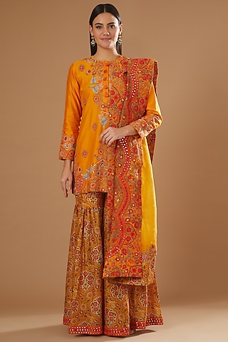 Orange Printed Sharara Set by Debyani