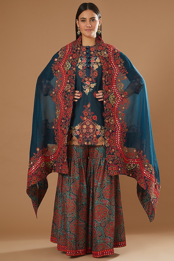 Blue Printed Bridal Sharara Set by Debyani at Pernia's Pop Up Shop