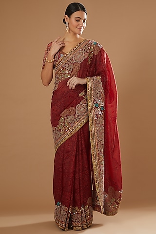 Red Chanderi Mulmul Organza Mughal Printed Saree Set by Debyani