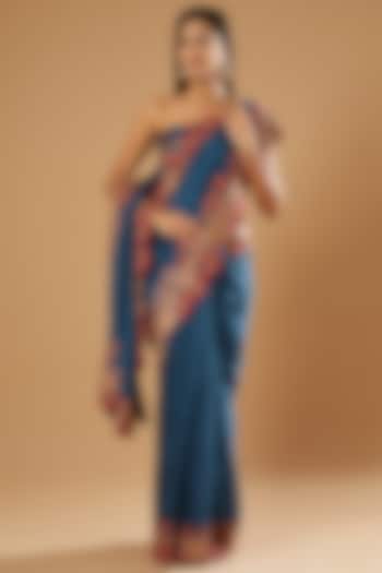 Blue Silk Reception Saree Set by Debyani at Pernia's Pop Up Shop