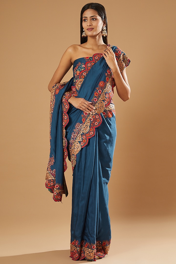 Blue Silk Reception Saree Set by Debyani at Pernia's Pop Up Shop