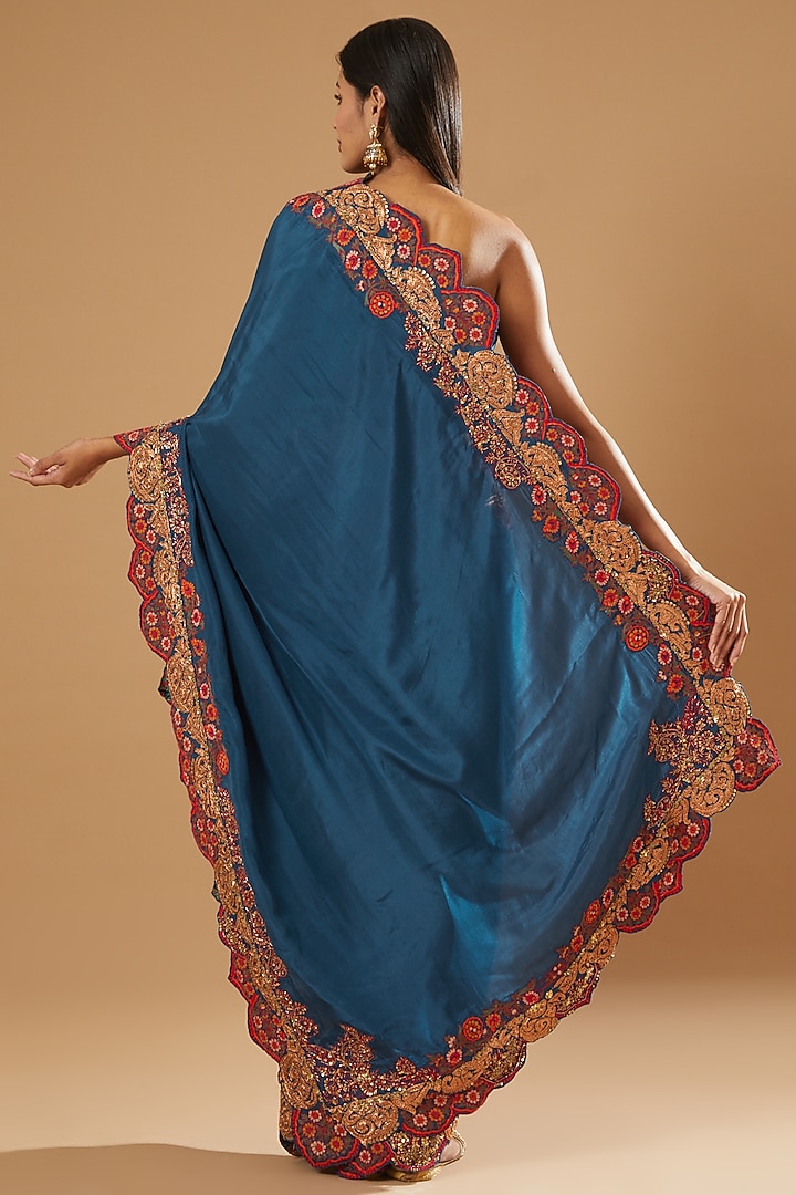 Blue Silk Reception Saree Set by Debyani at Pernia's Pop Up Shop