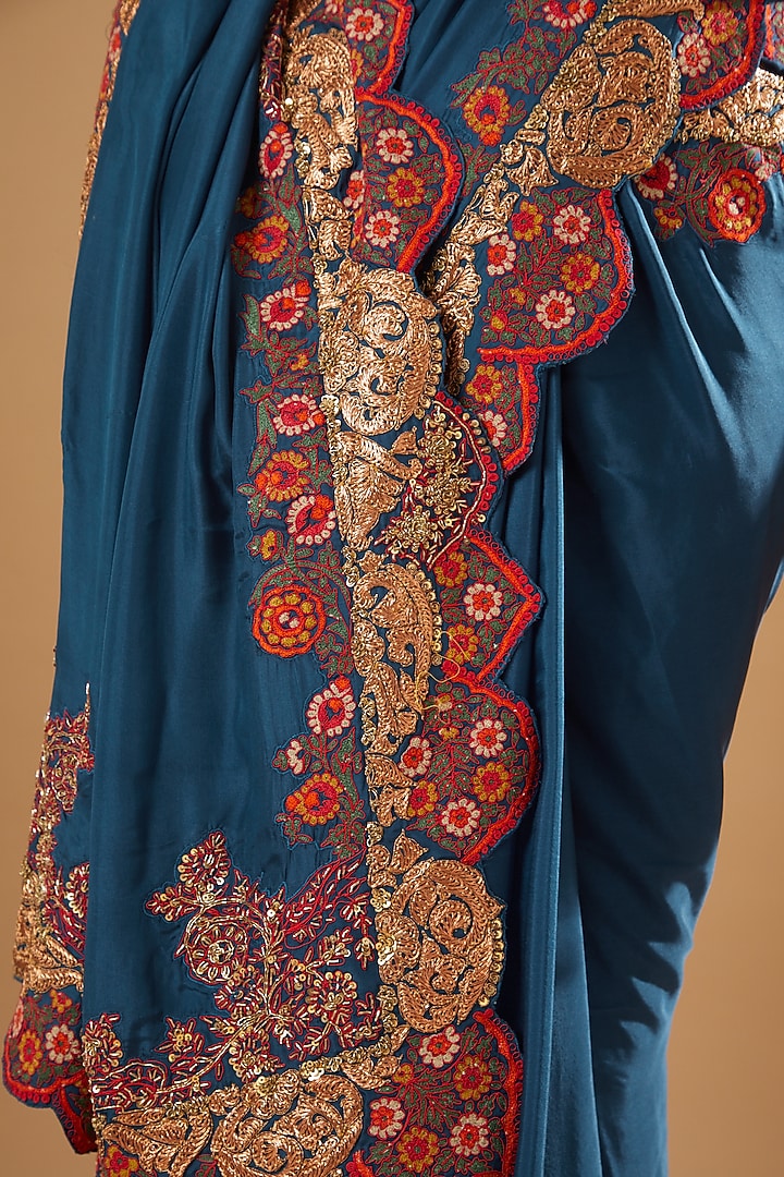 Blue Silk Reception Saree Set by Debyani at Pernia's Pop Up Shop