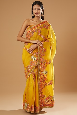 Mustard Organza Saree Set by Debyani