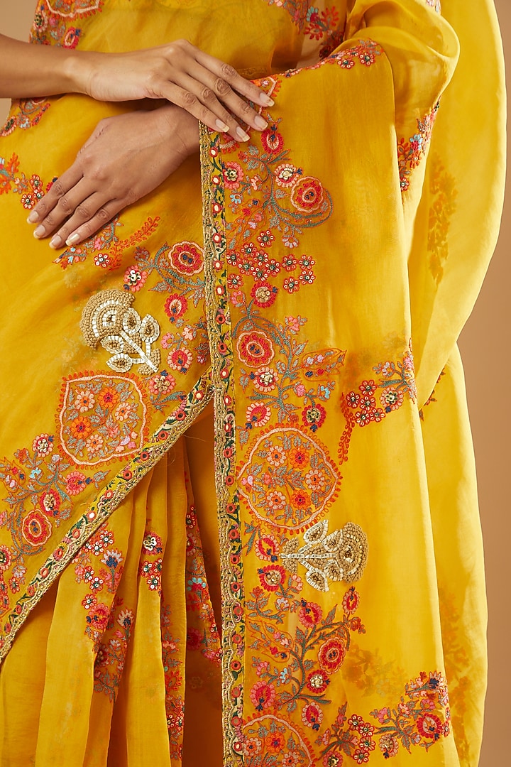 Mustard Organza Reception Saree Set by Debyani at Pernia's Pop Up Shop