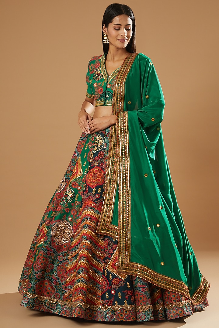 Green Chanderi Bridal Lehenga Set by Debyani at Pernia's Pop Up Shop