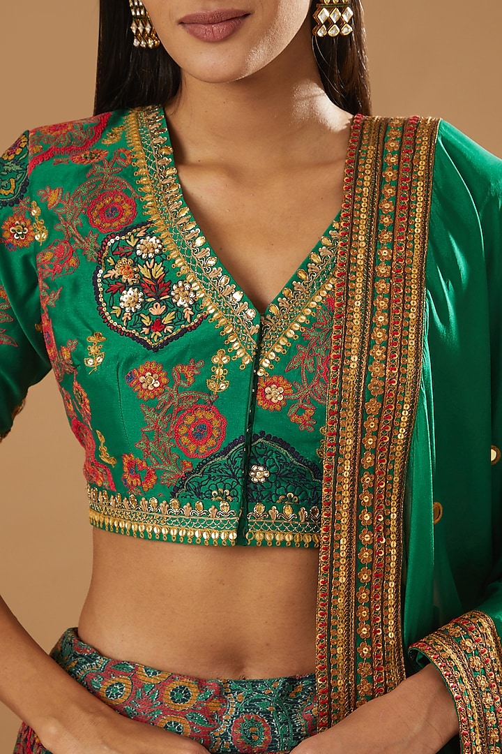 Green Chanderi Bridal Lehenga Set by Debyani at Pernia's Pop Up Shop