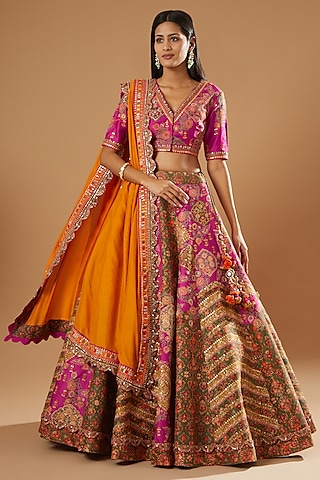 Magenta Chanderi Lehenga Set by Debyani