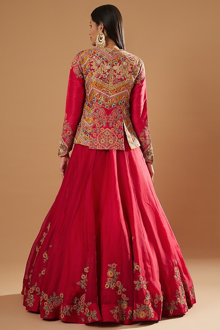 Red Chanderi Jacket Set by Debyani at Pernia's Pop Up Shop
