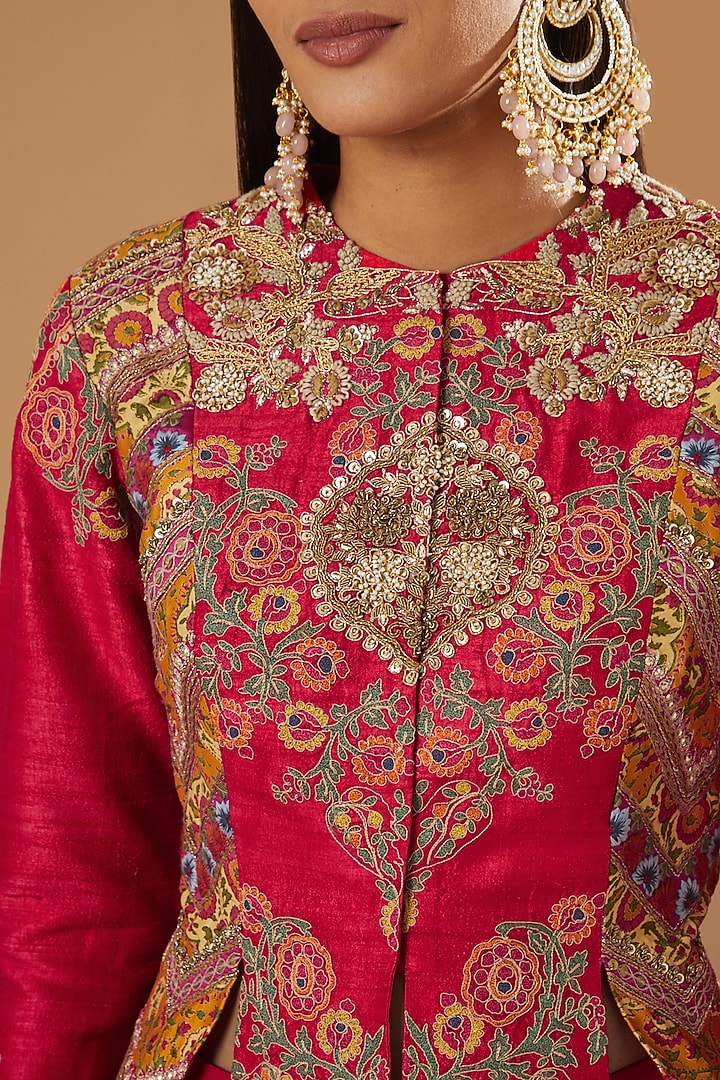 Red Chanderi Jacket Set by Debyani at Pernia's Pop Up Shop
