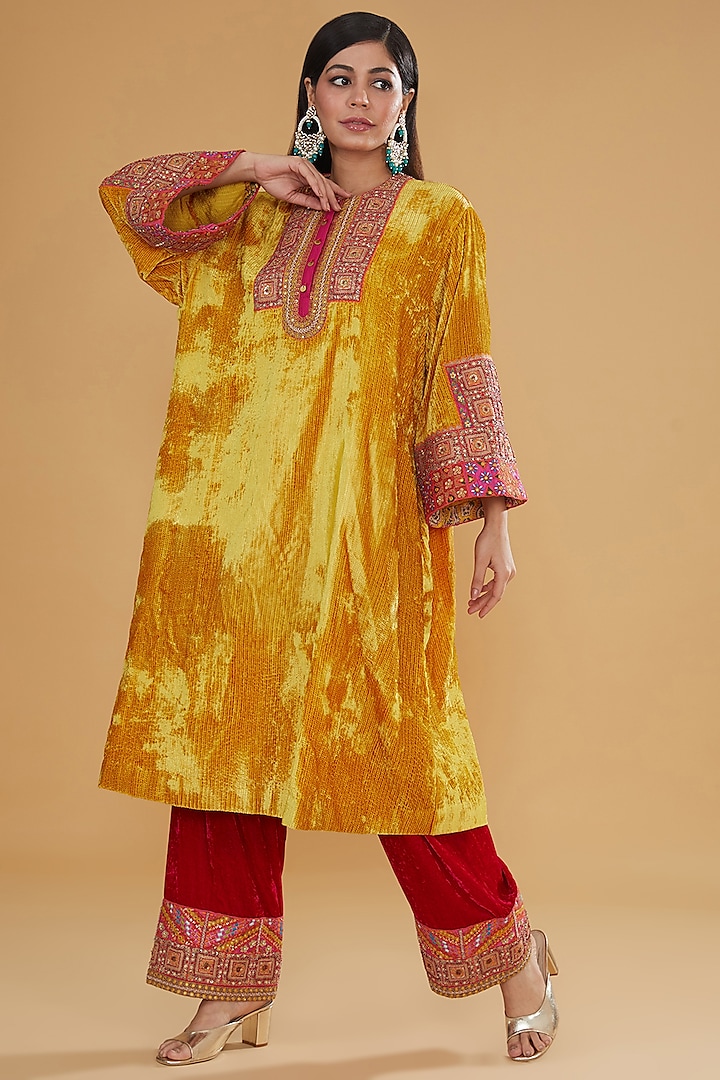 Mustard Velvet Embroidered Kaftan Set by Debyani at Pernia's Pop Up Shop