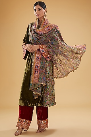 Green Organza Printed Dupatta by Debyani