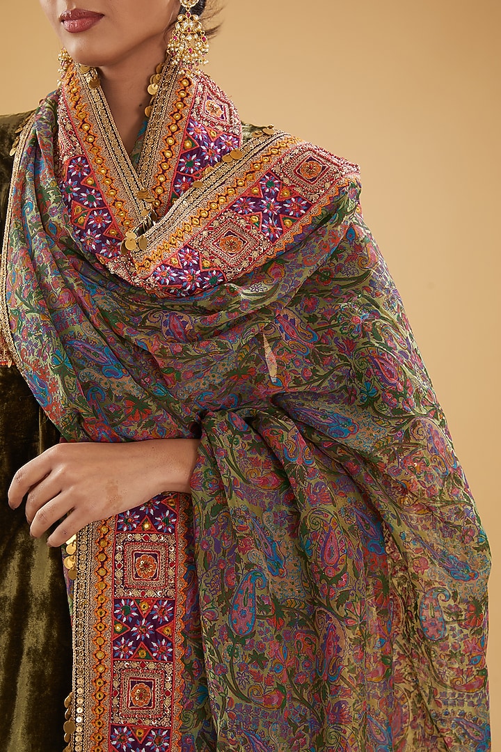 Green Organza Printed Dupatta by Debyani at Pernia's Pop Up Shop