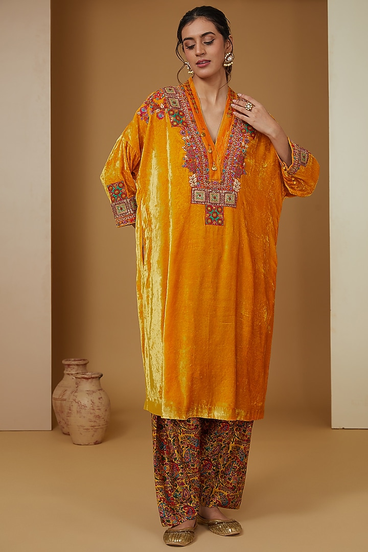 Mustard Velvet Kaftan Set by Debyani at Pernia's Pop Up Shop