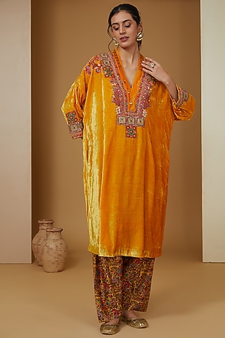 Mustard Velvet Kaftan Set by Debyani