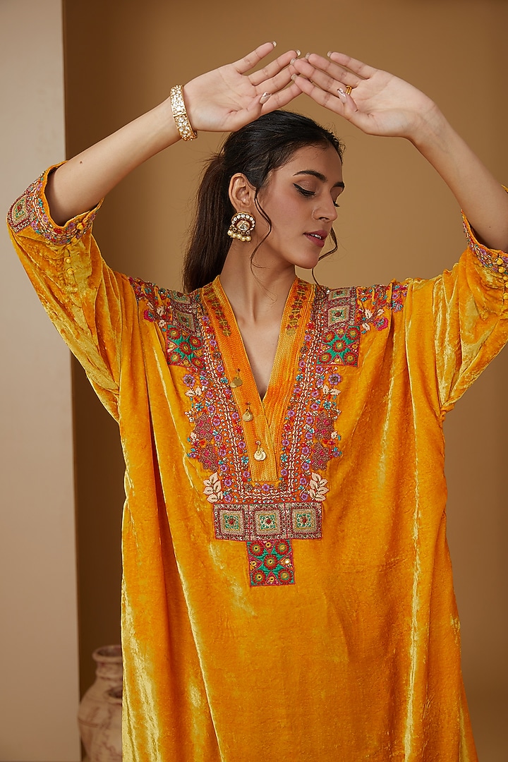 Mustard Velvet Kaftan Set by Debyani at Pernia's Pop Up Shop