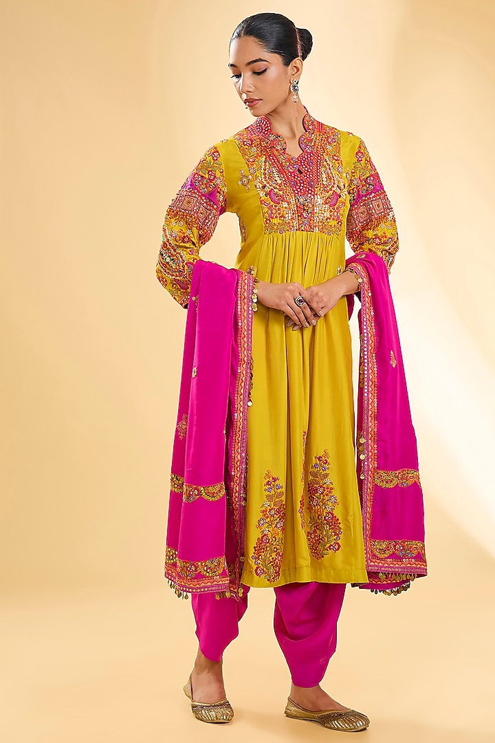 Mustard Silk Hand & Machine Embroidered Overlap Kurta Set by Debyani at Pernia's Pop Up Shop