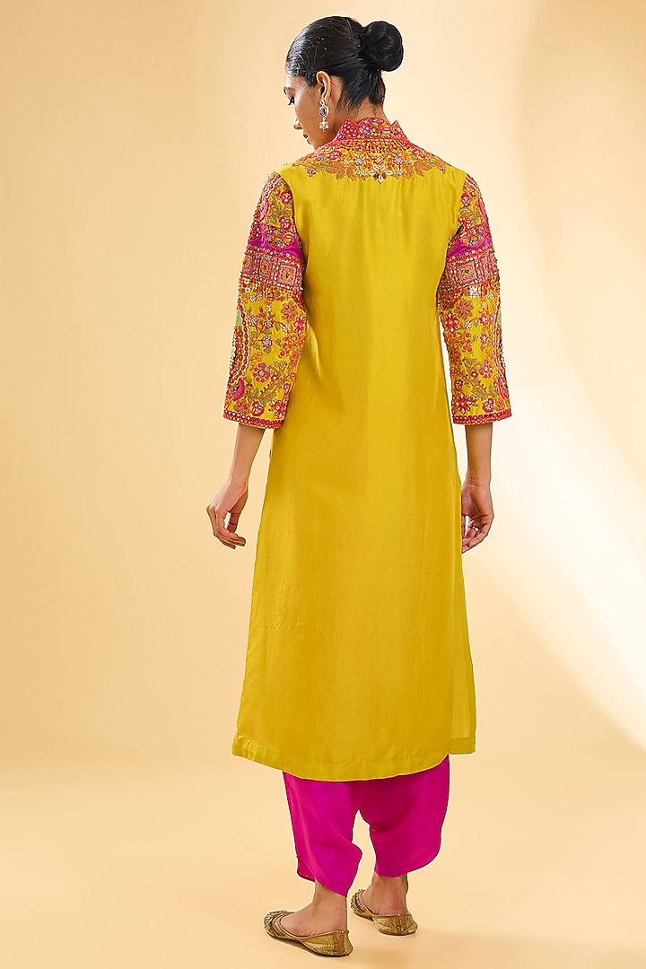 Mustard Silk Hand & Machine Embroidered Overlap Kurta Set by Debyani at Pernia's Pop Up Shop