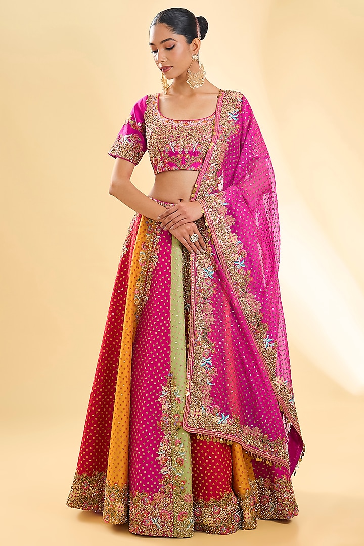 Multi-Colored Silk Hand & Machine Embroidered Bridal Lehenga Set by Debyani at Pernia's Pop Up Shop