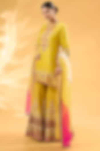 Yellow Organza Hand Embroidered Shaded Sharara Set by Debyani at Pernia's Pop Up Shop