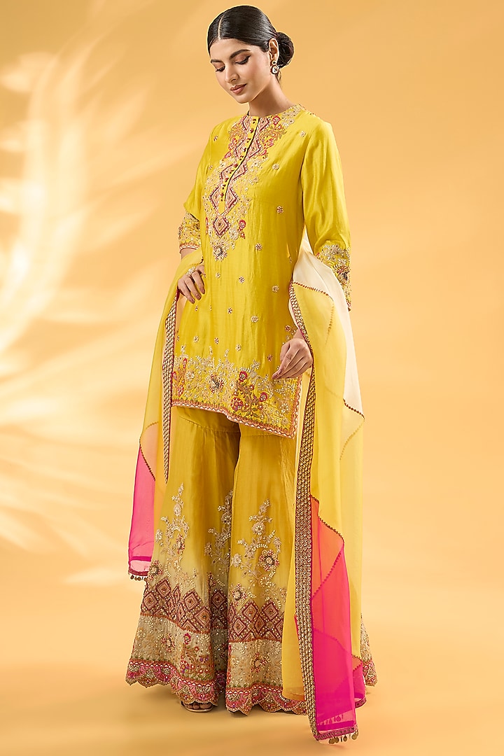 Yellow Organza Hand Embroidered Shaded Sharara Set by Debyani at Pernia's Pop Up Shop