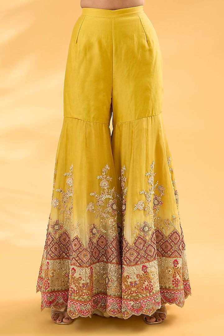 Yellow Organza Hand Embroidered Shaded Bridal Sharara Set by Debyani at Pernia's Pop Up Shop