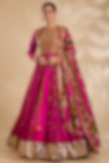 Magenta Silk Hand & Machine Embroidered Bridal Anarkali Set by Debyani at Pernia's Pop Up Shop