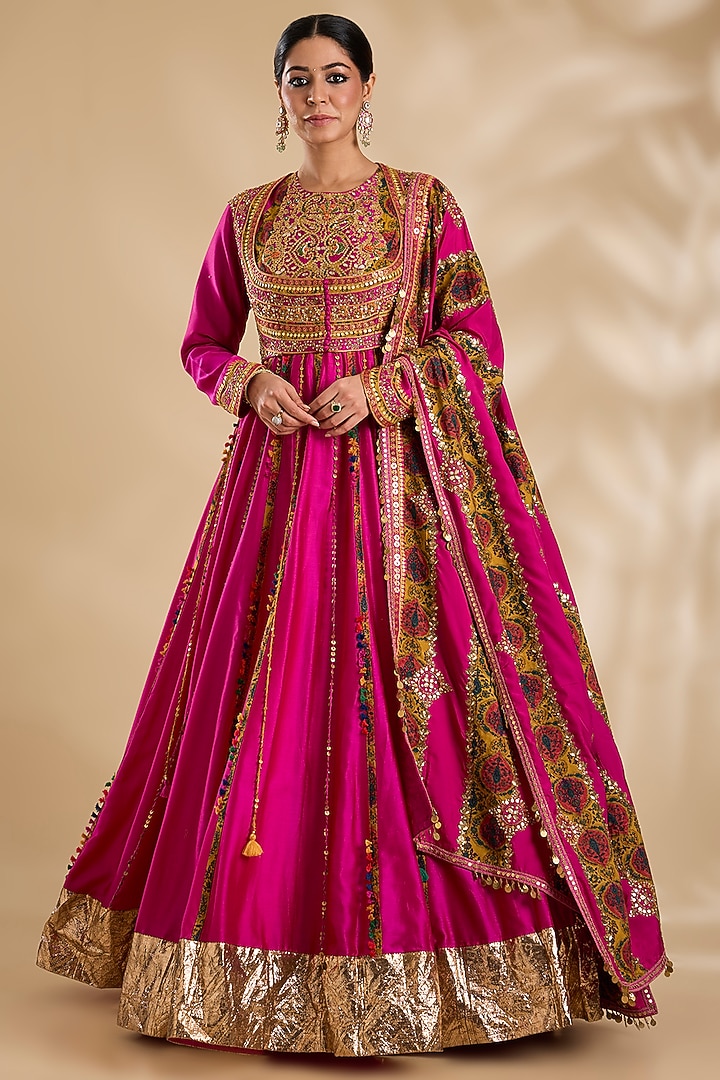 Magenta Silk Hand & Machine Embroidered Bridal Anarkali Set by Debyani at Pernia's Pop Up Shop