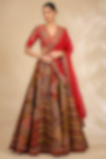 Red Chanderi Floral Printed Bridal Lehenga Set by Debyani at Pernia's Pop Up Shop