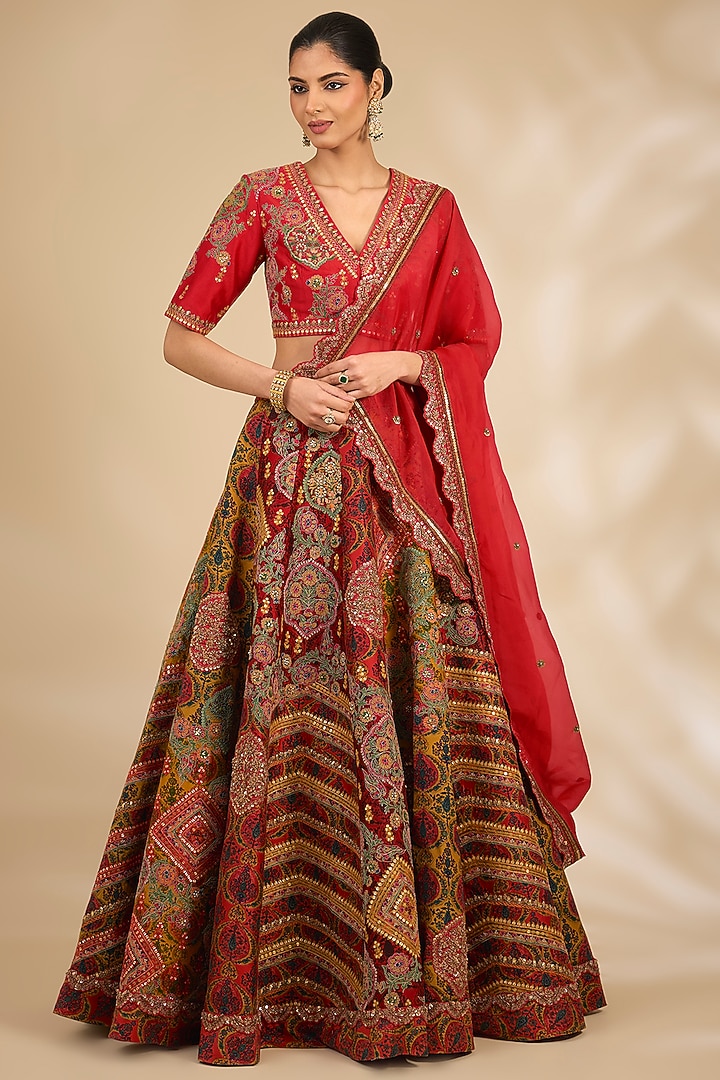 Red Chanderi Floral Printed Bridal Lehenga Set by Debyani at Pernia's Pop Up Shop