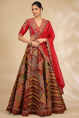 Red Chanderi Floral Printed Lehenga Set by Debyani