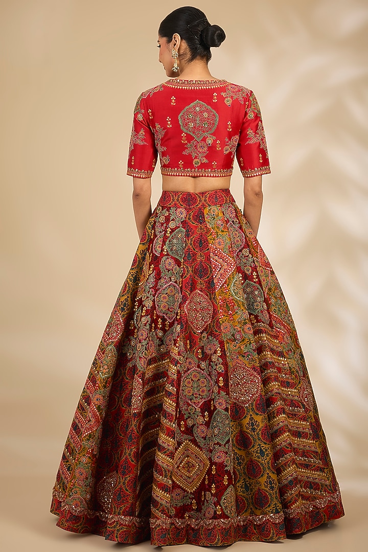 Red Chanderi Floral Printed Bridal Lehenga Set by Debyani at Pernia's Pop Up Shop