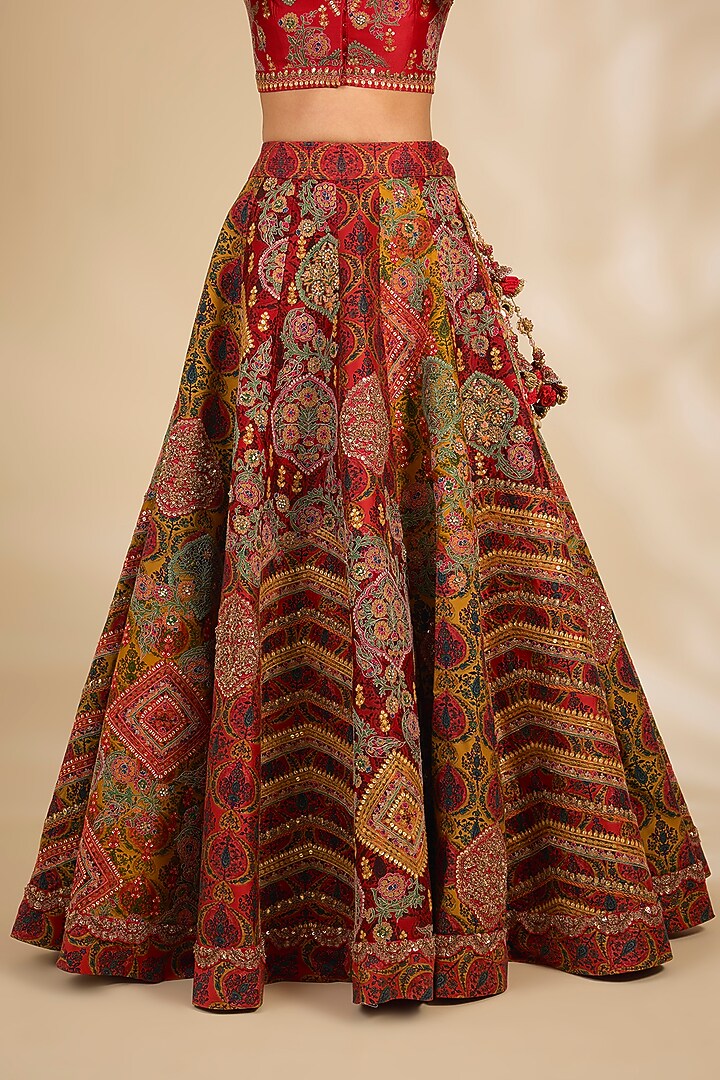 Red Chanderi Floral Printed Bridal Lehenga Set by Debyani at Pernia's Pop Up Shop