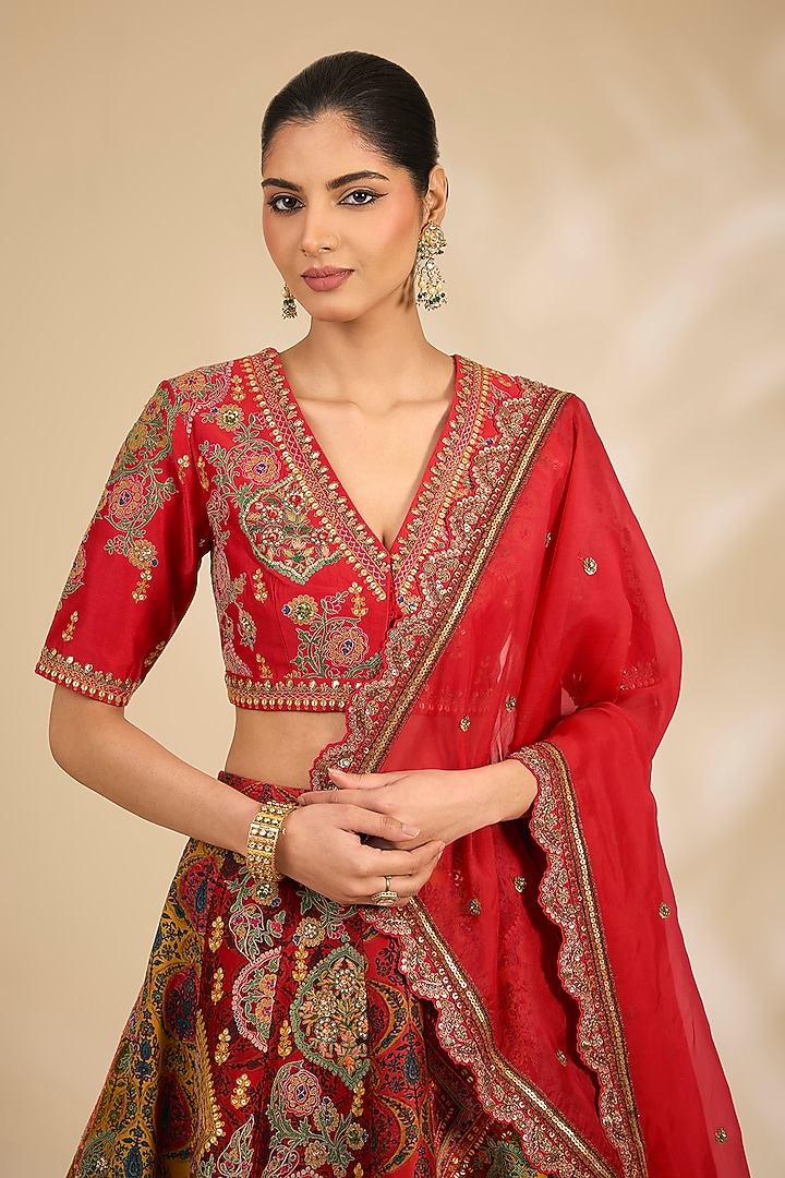 Red Chanderi Floral Printed Bridal Lehenga Set by Debyani at Pernia's Pop Up Shop