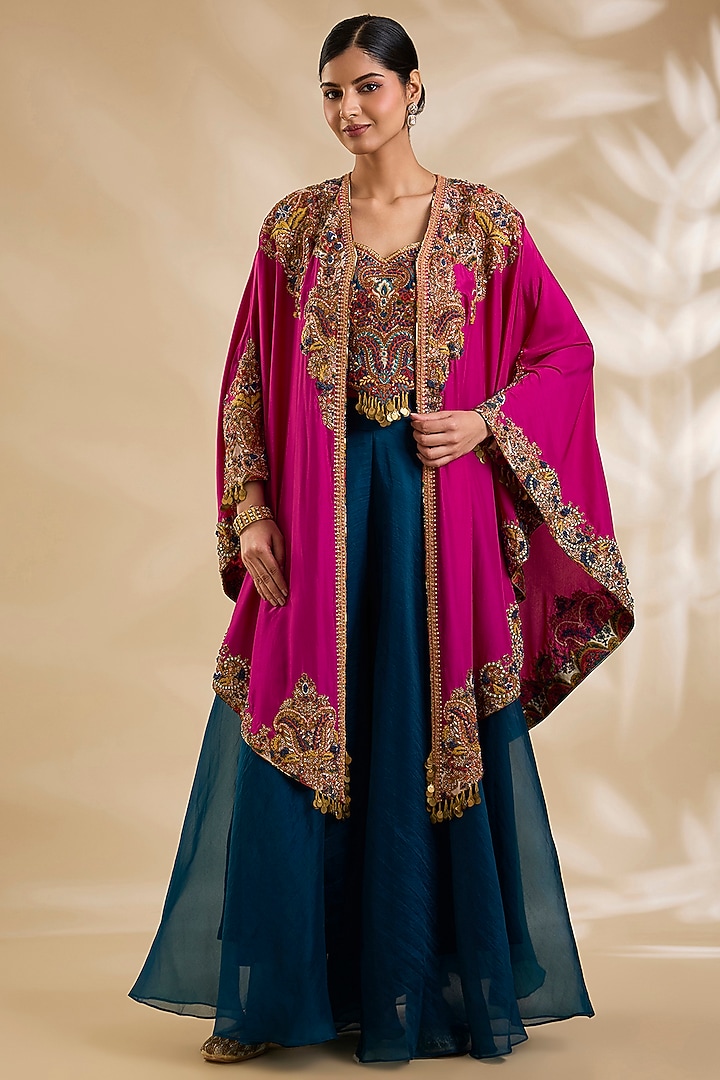 Magenta Silk Hand & Machine Embroidered Cape Set by Debyani at Pernia's Pop Up Shop
