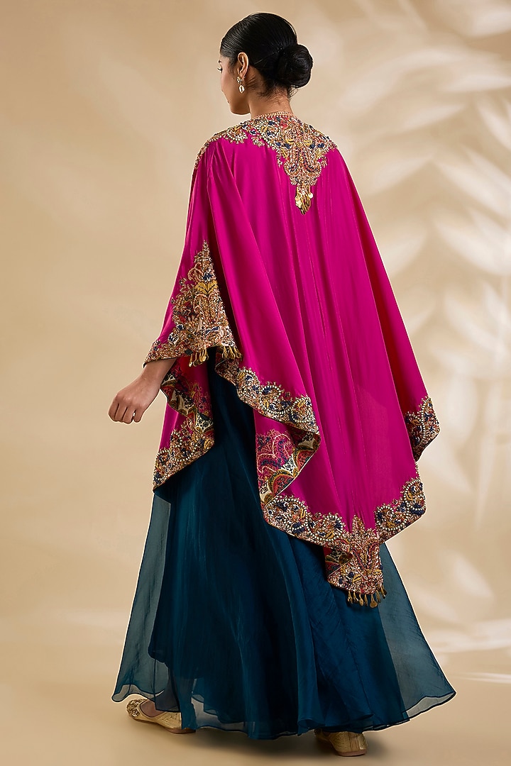 Magenta Silk Hand & Machine Embroidered Cape Set by Debyani at Pernia's Pop Up Shop